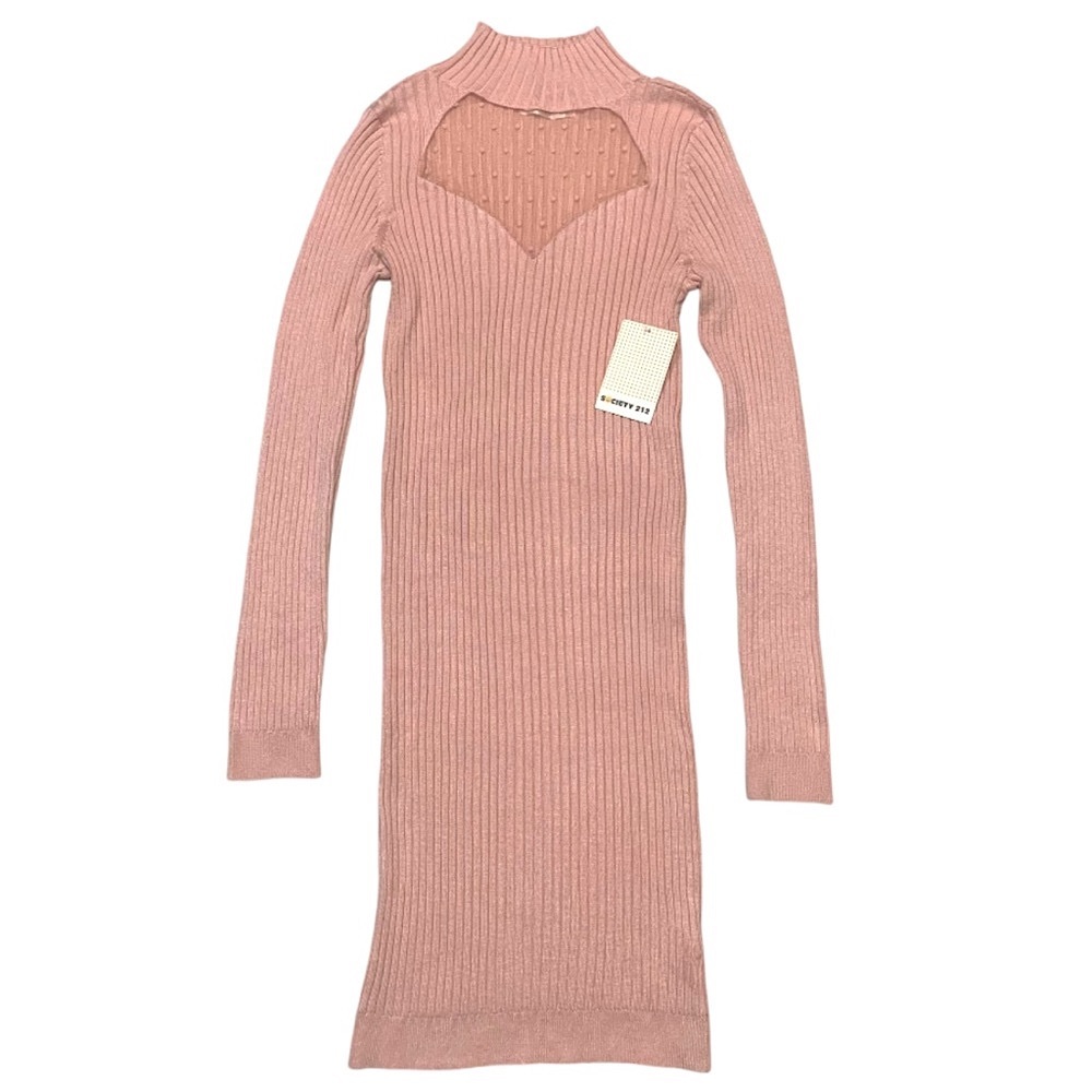 SOCIETY 212 Pink Ribbed Knit Mock-Neck w. Sheer Peekaboo Bodycon Dress - Size M